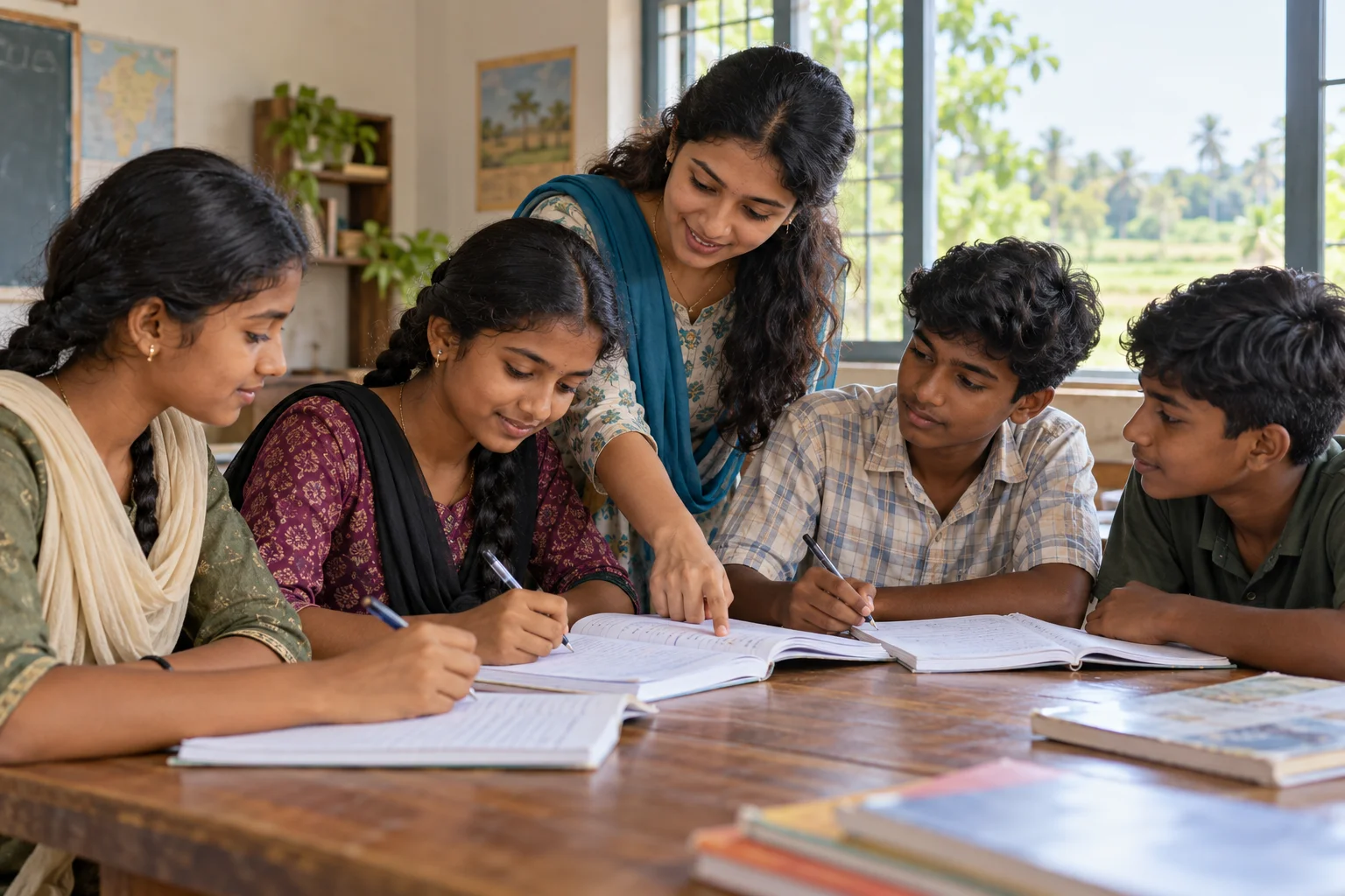 Illustrative scene of students learning together with a teacher